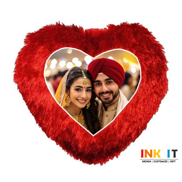 Personalized Red Heart-Shaped Fur Cushion : Add Your Photo ❤️