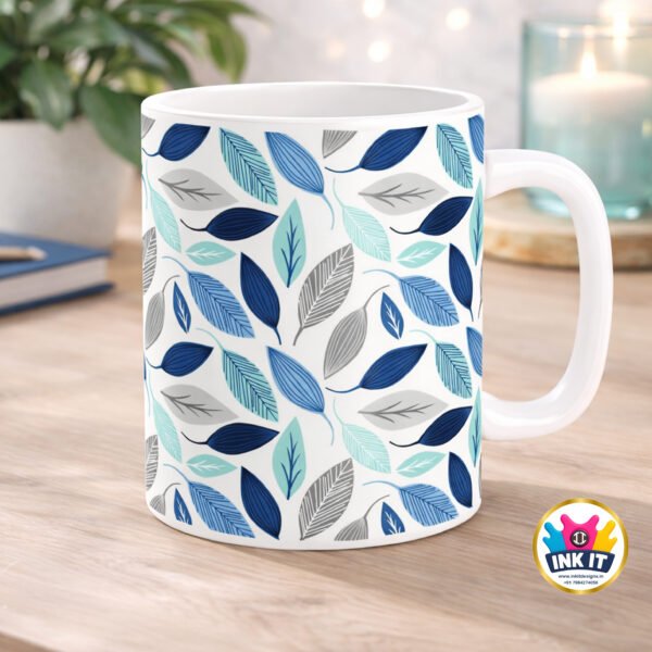 Elegant Blue & Grey Leaf Ceramic Mug