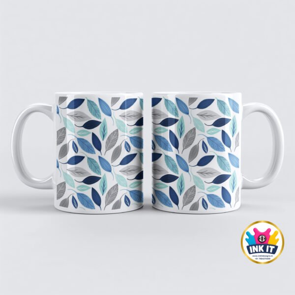 Elegant Blue & Grey Leaf Ceramic Mug