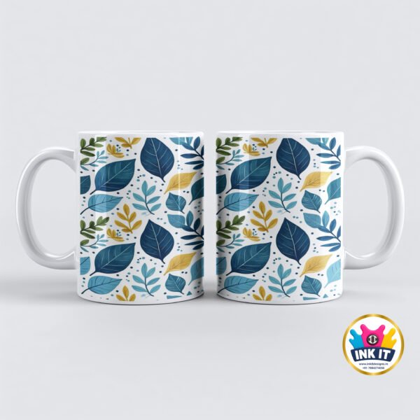 Blue & Yellow Leaf Pattern Ceramic Mug