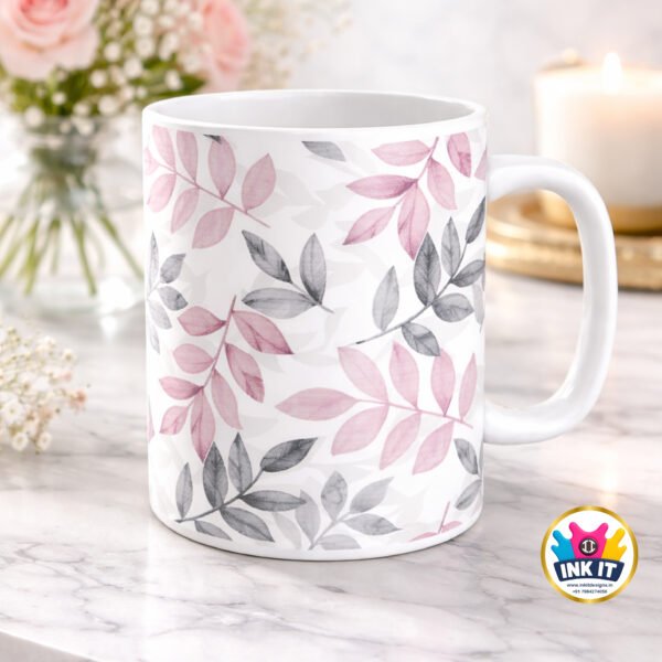 Elegant Pink & Grey Leaf Ceramic Mug