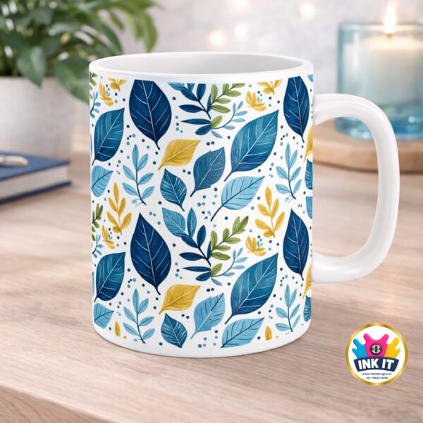 Blue & Yellow Leaf Pattern Ceramic Mug